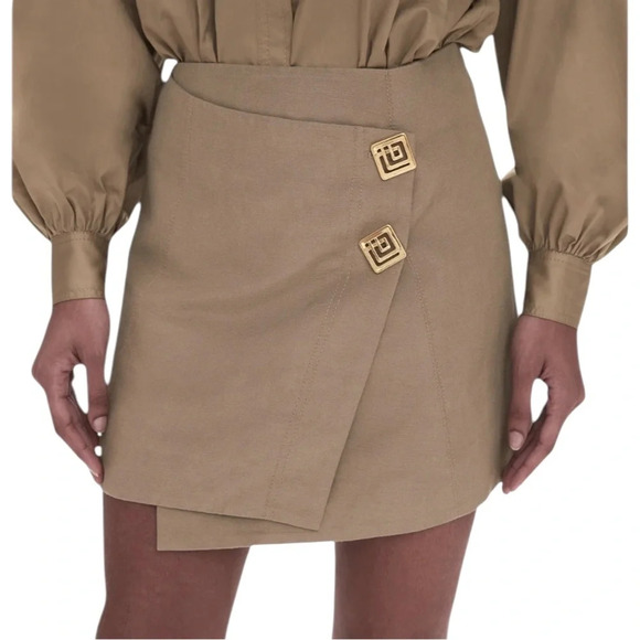 NEW Aje. Linen Blend Realm Wrap Front Mini Skirt Desert Khaki Size 10 - Picture 11 of 11